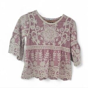 Ana and Rose Embroidered Boho Blouse L Petite Romantic Cottagecore Lace Trim